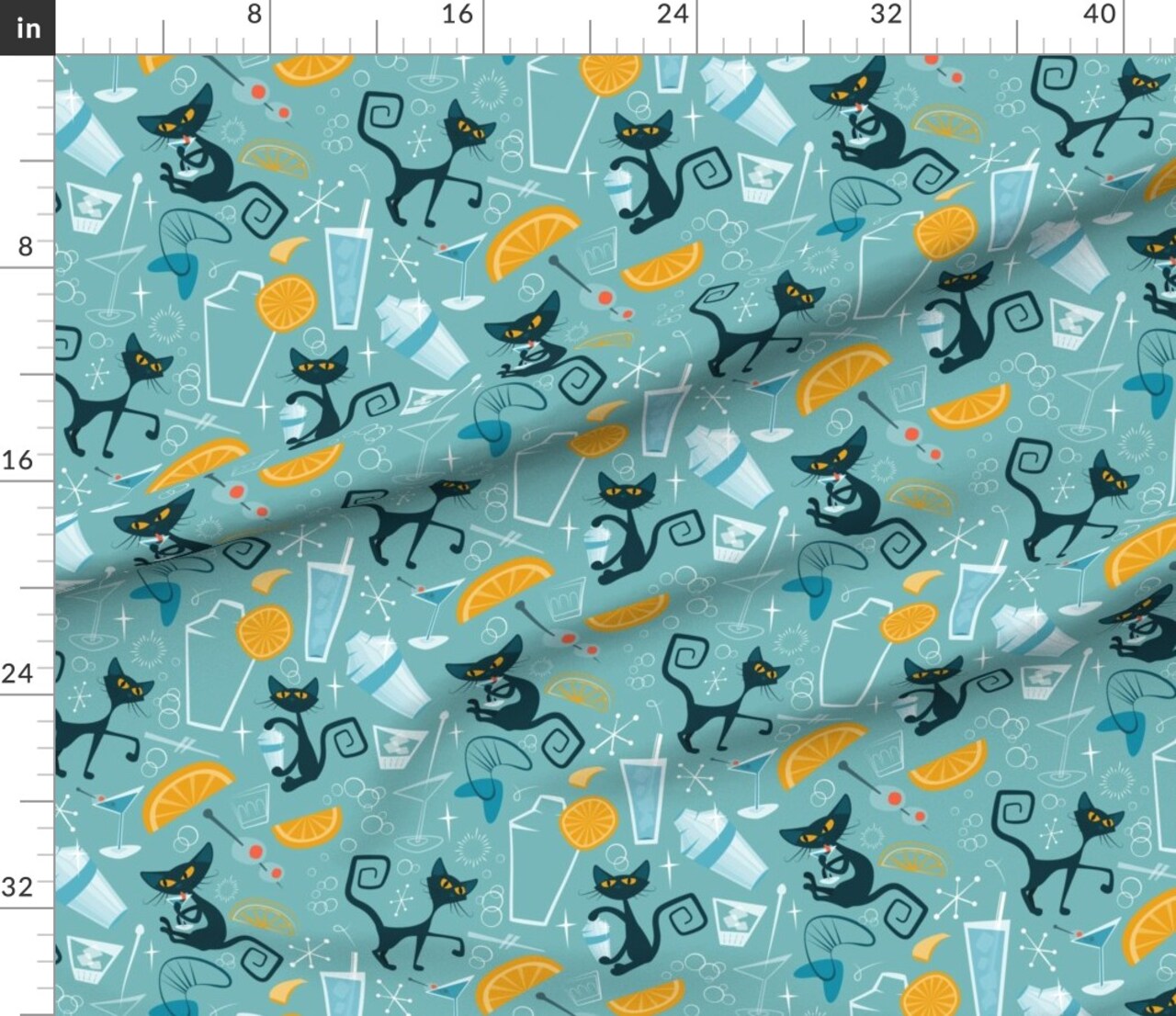 1950S Cats Atomic Mid Century Blue Retro Modern Cocktail Home Decor Fun Custom Printed Fabric by Spoonflower Various Fabrics by the Yard or Fat Quarter